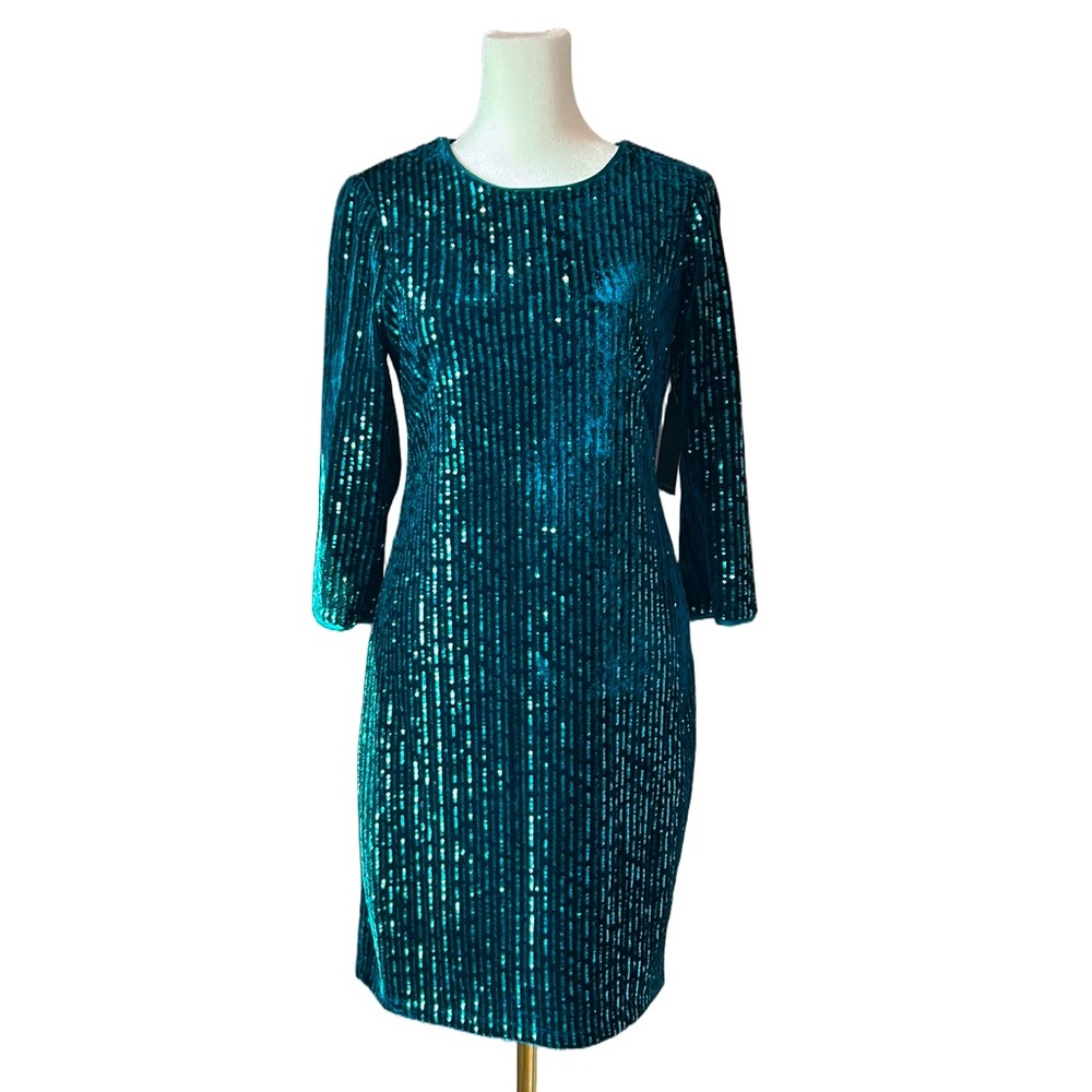 New Julia Jordan Teal Velvet Sequin Stripe Long Sleeve Sheath Party Dress Size 4